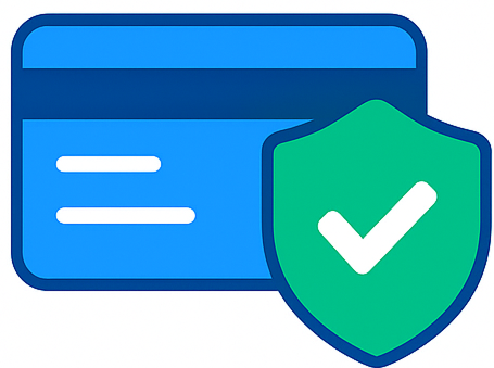 Pay: credit-card icon with a security shield